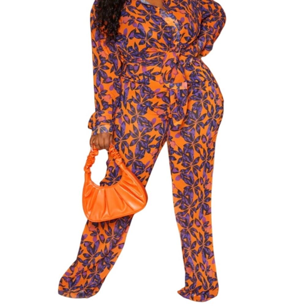 PrettyLittleThing Orange Tropical High Rise Sheer Flare Beach Pants 14  NWT